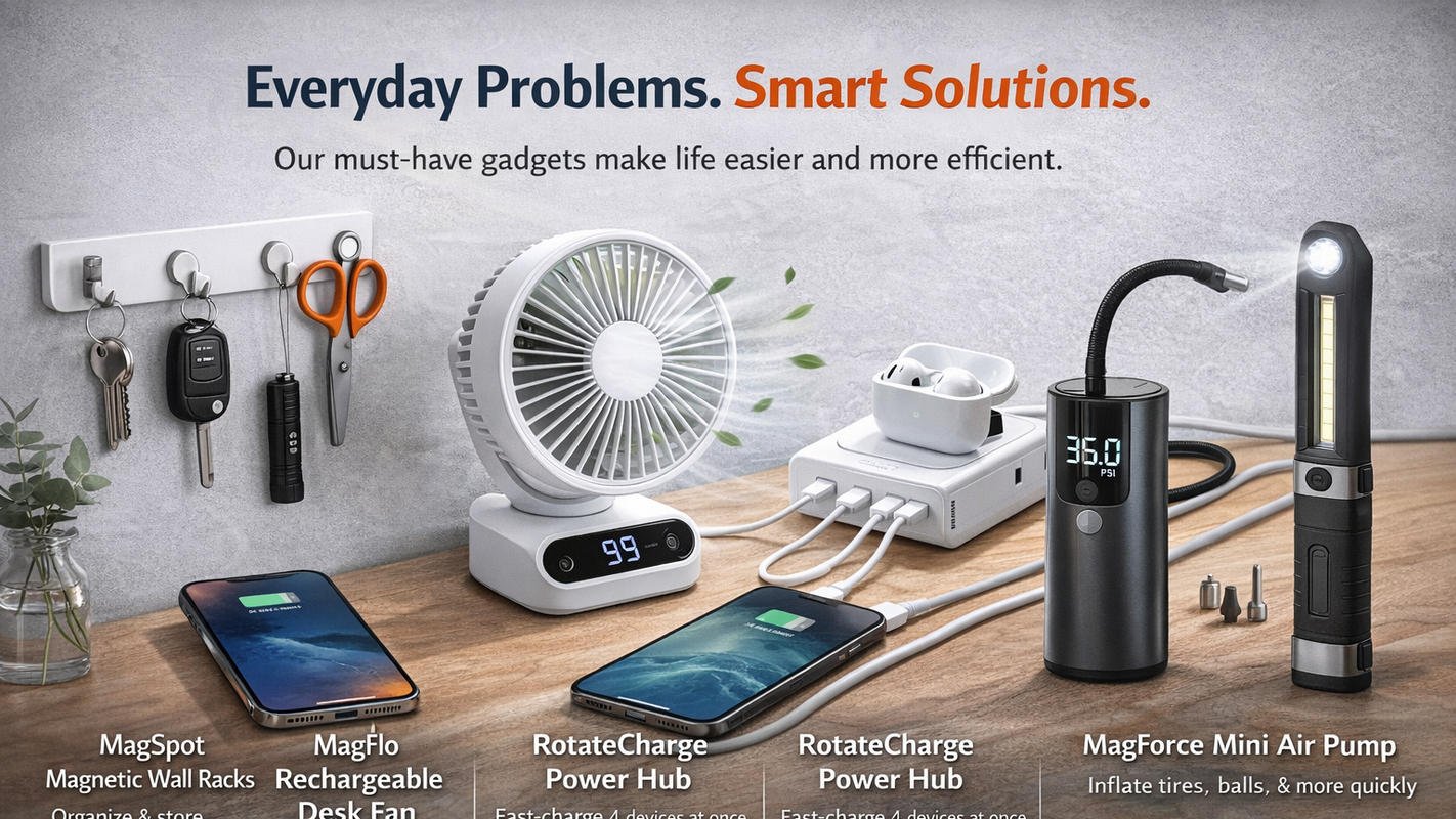 Gadgets on a wooden surface with promotional text and 'Shop Now' button.